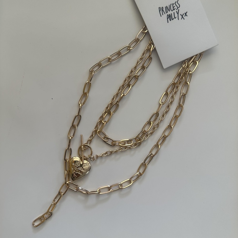 Princess Polly‎ Gold Tone Heart Locket Triple Layered Chain Necklace Love Toggle